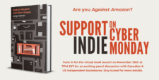 Event poster with the book cover for AGAINST AMAZON AND OTHER ESSAYS on the left with the text "Are you Against Amazon? Support Indie on Cyber Monday" on the right